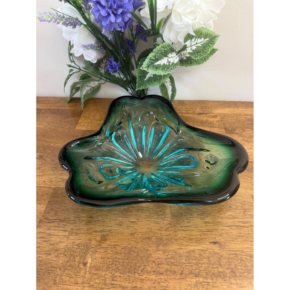 Vintage Green and Teal Art Glass Bowl – Freeform Mid-Century Design Retro Decor